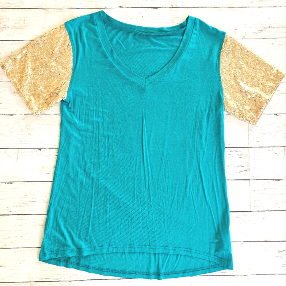 Turquoise & Gold Sequins Short Sleeves Tee Shirt Top Summer Bling Size Medium
